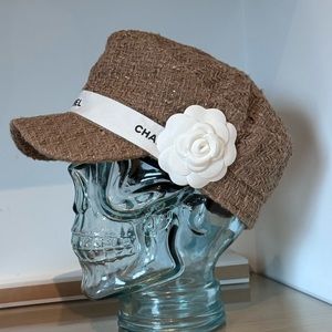 Tweed plaid newsboy cap hat Authentic Chanel Ribbon and Camellia flower